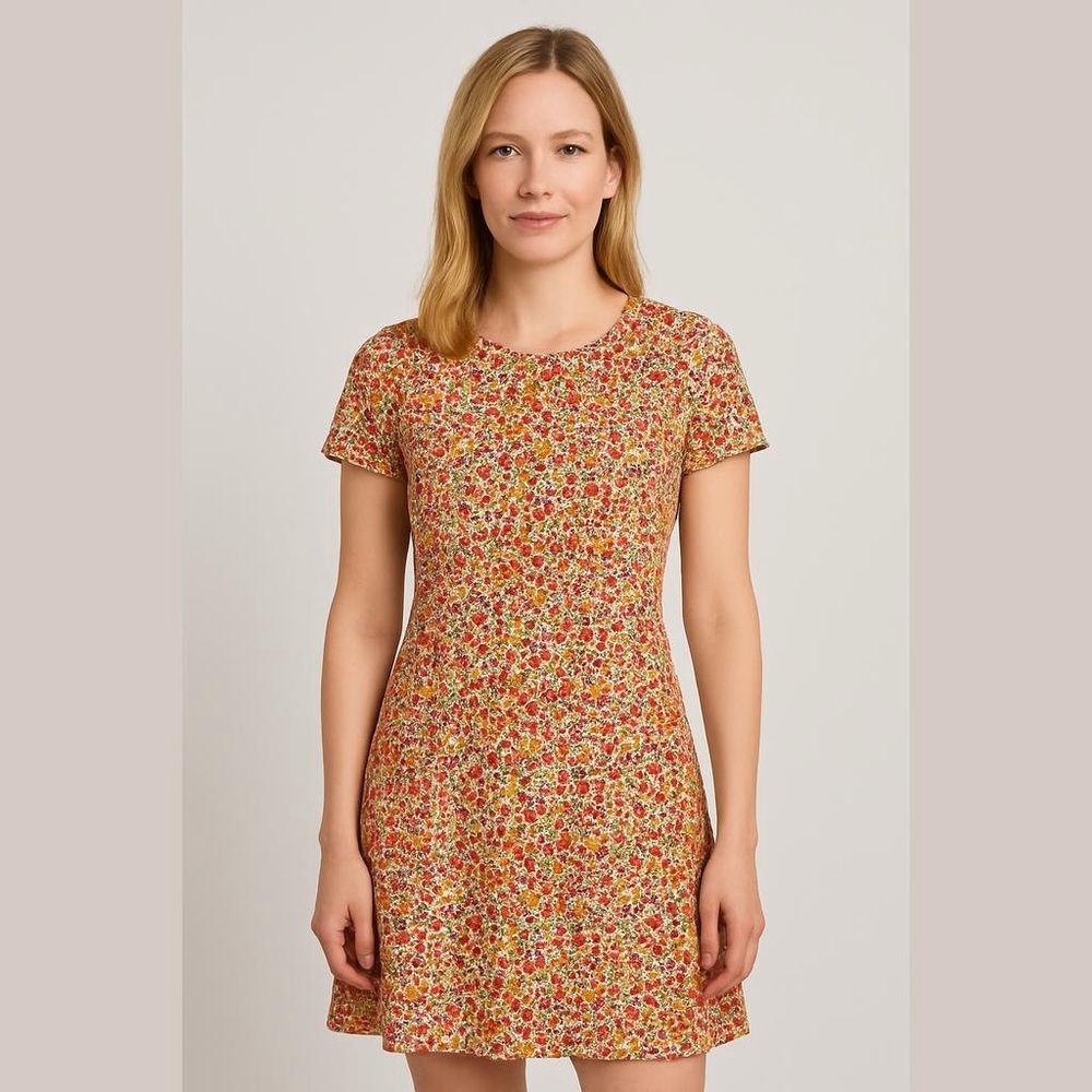 Isaac Mizrahi Live Orange Yellow Floral Short Sleeve A Line Dress Pockets SizeXS